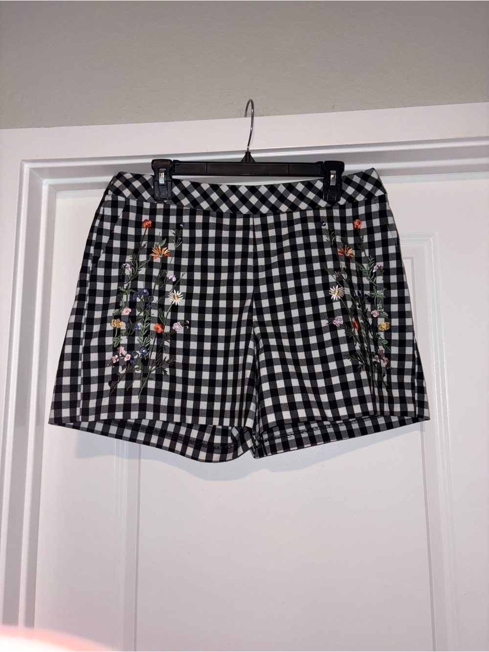 For The Republic Black & White Gingham Shorts with Multicolor Floral Embroidery